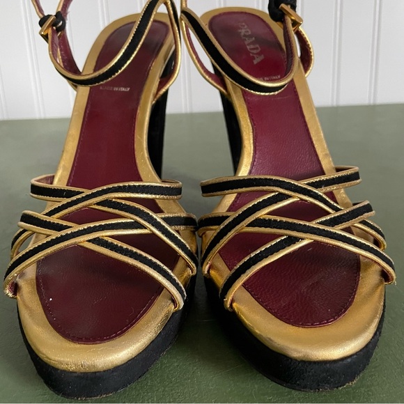 Prada Black Suede & Gold Strappy Platform Heels/Sandals *Italy* - Picture 3 of 12